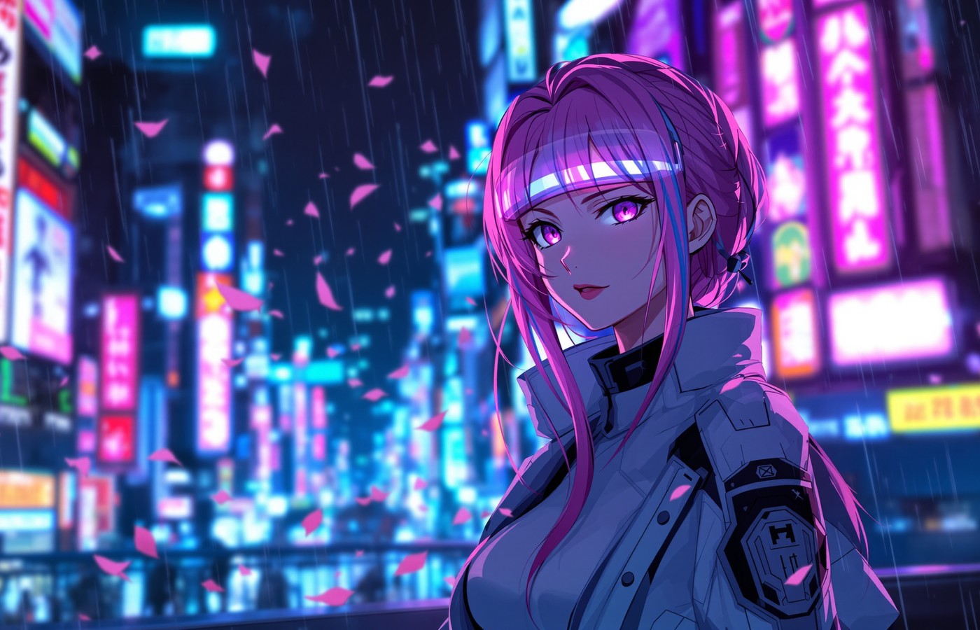 Cyberpunk anime heroine on Tokyo rooftop at midnight with neon backdrop.