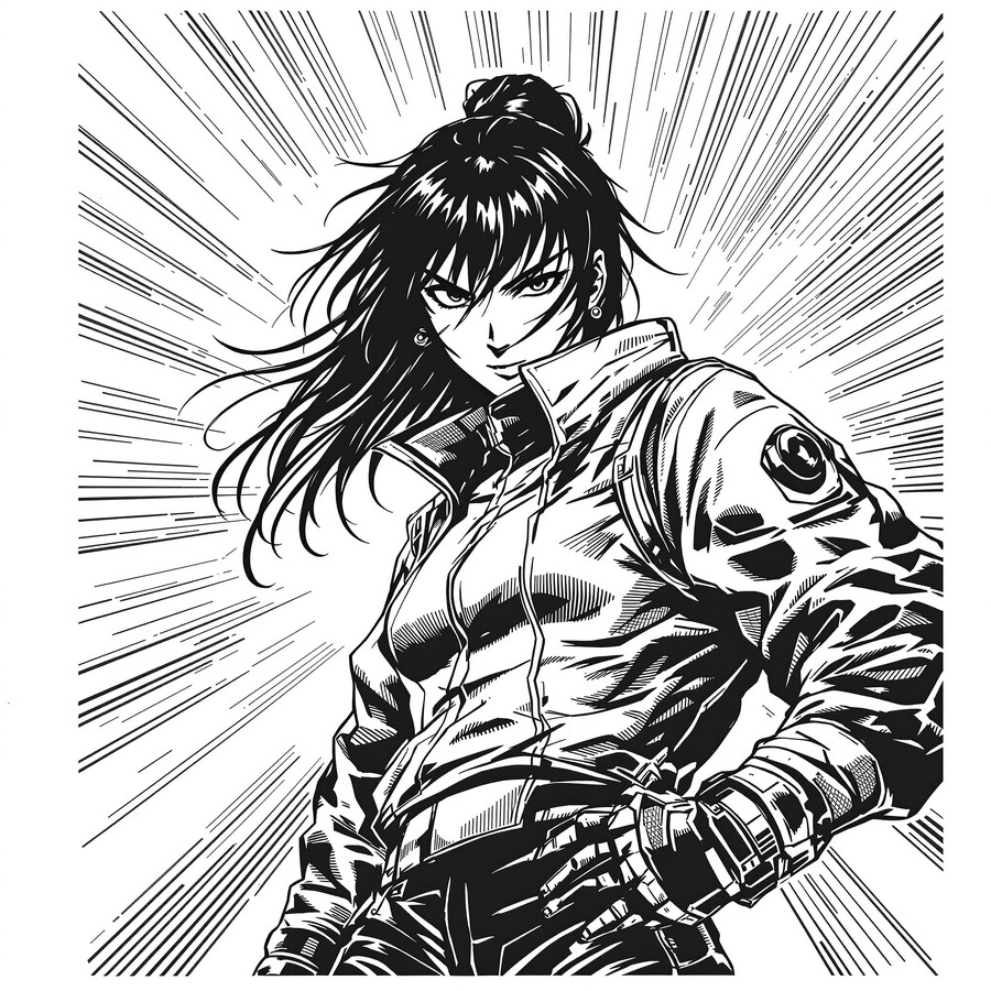 Black-and-white manga panel of the heroine in a dynamic pose with speed lines.