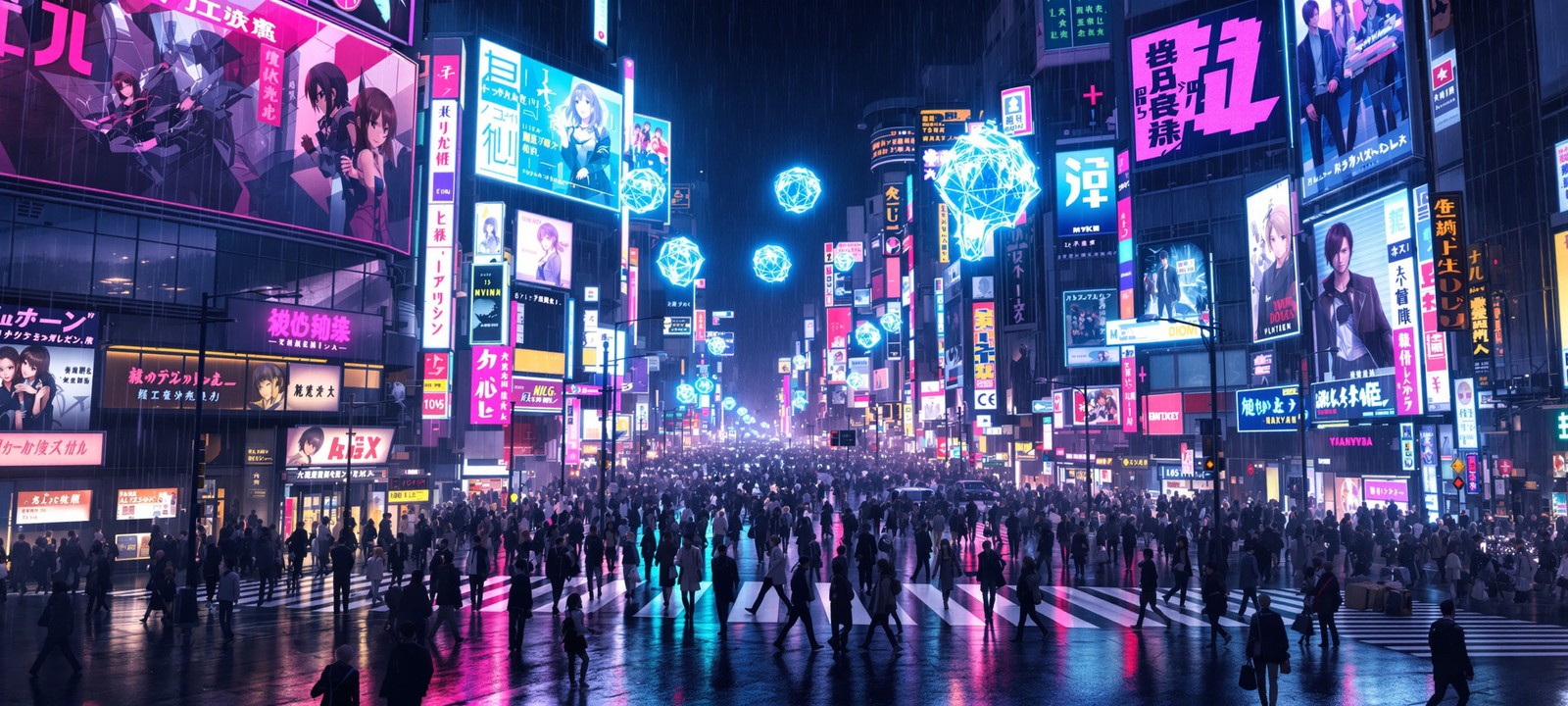 Wide Tokyo Shinjuku crossing at midnight with crowds under neon billboards.