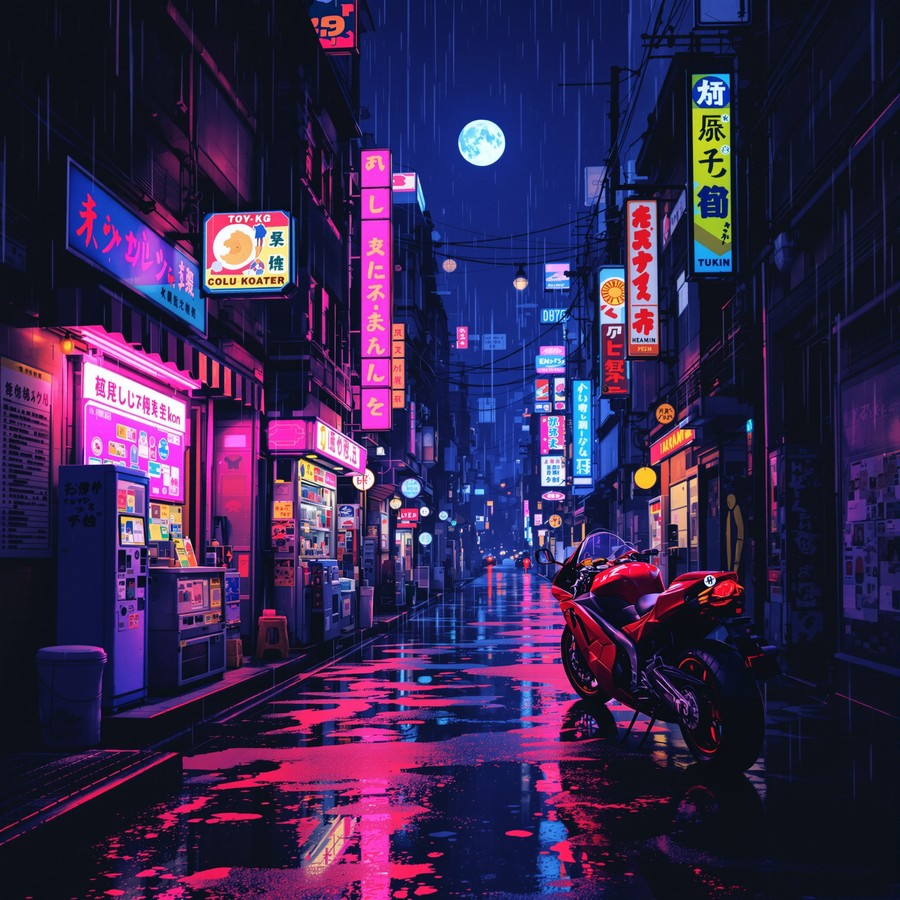Neon-lit Tokyo alley with a red anime motorbike, rain, vending machines, full moon.