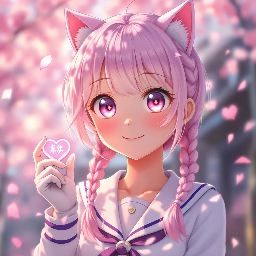 Anime girl portrait with cat ears, sailor uniform, holding a glowing pink heart-shaped coin.